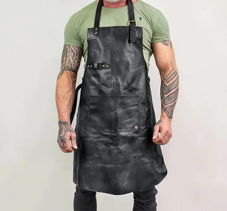 Leather apron for men Personalized apron blacksmith apron black leather woodworking apron with pockets strap apron Valentines gift for him image 6