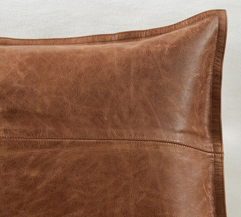 Rustic Charm: Genuine Lambskin Leather Pillow Cover in Antique Brown for Stylish Home Decor image 7