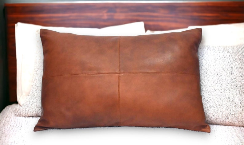 Rustic Charm: Genuine Lambskin Leather Pillow Cover in Antique Brown for Stylish Home Decor image 1