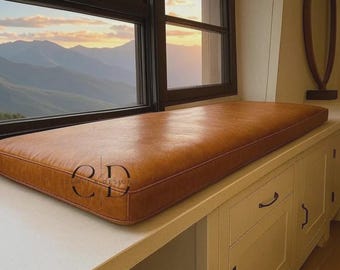 Custom Full Grain Buffalo Leather Bench Cushion | Window Seat Pad
