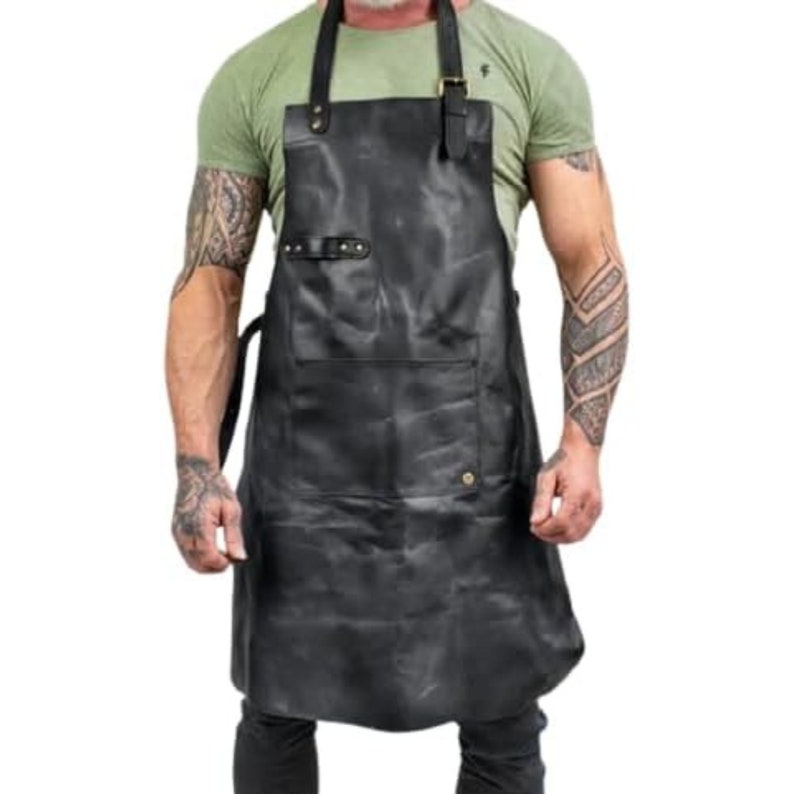 Leather apron for men Personalized apron blacksmith apron black leather woodworking apron with pockets strap apron Valentines gift for him image 1