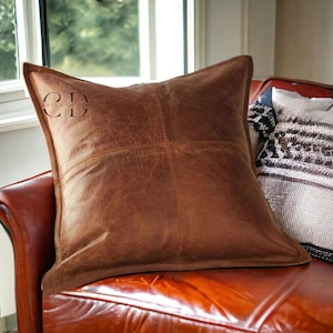 Leather Pillow Cover – Handmade Cushion in Full Grain Leather – Rustic Farmhouse & Modern Decor