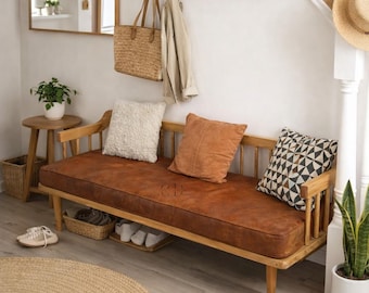 Handmade Buffalo Leather Bench Cushion | Custom Seat Pad for Window, Dining