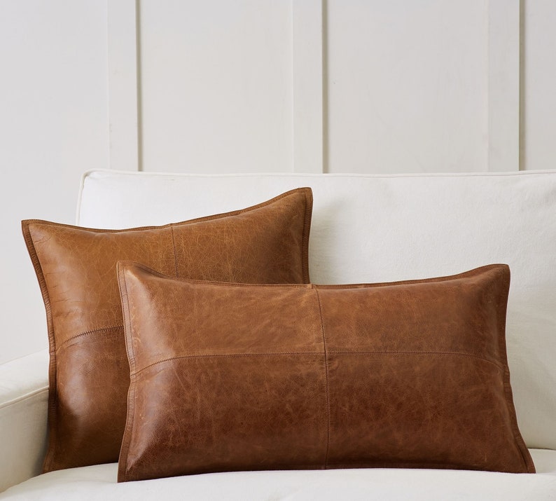 Rustic Charm: Genuine Lambskin Leather Pillow Cover in Antique Brown for Stylish Home Decor image 3