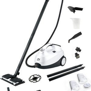 May include: A white and black steam cleaner with multiple attachments. The main unit has a white body with black accents and wheels. Included are various cleaning heads, extension wands, and cleaning pads. The handle and hose are black.