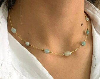 Handmade Turquoise Aquamarine Lapis lazuli Natural Stone Minimalist Choker Necklace with Gold Plated Chain Gift For Her - Mother's Day Gift