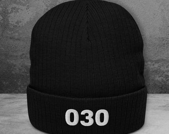 Black Utrecht 030 Beanie | Black Utrecht 030 Hat | Black Ribbed Knitted Utrecht 030 Hat | Winter hat with 030