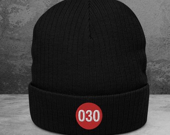 Black Utrecht 030 Beanie | Black Utrecht 030 Hat | Black Ribbed Knitted Utrecht 030 Hat | Winter hat with 030