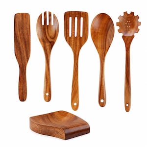 Natural Wood Cooking Utensil Set – 6-Piece Spatula Kitchen Tools for Nonstick Cookware