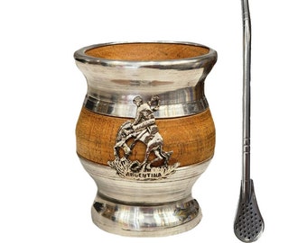 General José de San Martín Mate Glass, Argentine Mate Made of Carob Wood and Steel, Yerba Mate, Mate with Bombilla, Gourd Mate Sorbete