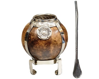 Argentine Silver and Gourd Wood Mate Cup - Traditional Argentine Mate with Bombilla (Sorbet) for Yerba Mate - The Gourd Mate Cup