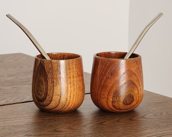 Yerba mate set, 2 hand-carved Wooden Mates + 2 PREMIUM Steel Bombillas, Bamboo Mate gourd set, Argentine Mate Combo, Mate Set