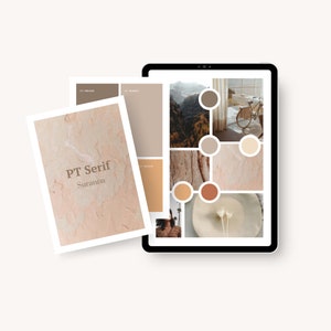 Könnte beinhalten: Ein digitales Moodboard mit verschiedenen Bildern und Farbmustern. Die Bilder zeigen eine Berglandschaft, ein Fahrrad, einen Teller mit getrockneten Blumen und eine Marmorstruktur. Die Farbmuster sind in Braun-, Beige- und Orangetönen gehalten. Der Text "PT Serif Suranna" ist auf einer separaten Karte dargestellt.