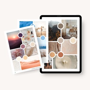 May include: A mood board with a color palette of warm neutrals, including beige, brown, and peach. The board is divided into sections with different images, including a sunset, a desert landscape, a flower, and a plate with dried flowers.