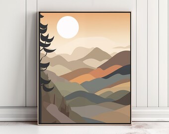 Printable Wall Art, "Whispering Valley", Minimalist Art,  Landscape Art, Mid Century Art, Orange, Tree, Sun, Mountains, Illustration