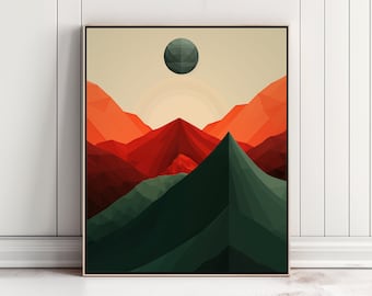 Printable Wall Art, "Noon on the Peaks", Minimalist Art,  Landscape Art, Mid Century Art, Orange, Tree, Sun, Mountains, Illustration
