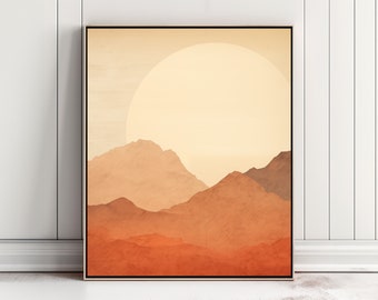 Printable Wall Art, "Twilight Tranquility", Minimalist Art,  Landscape Art, Mid Century Art, Orange, Tree, Sun, Mountains, Illustration