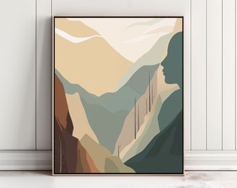 Printable Wall Art, "Canyon Echoes", Minimalist Art,  Landscape Art, Mid Century Art, Orange, Tree, Sun, Mountains, Illustration