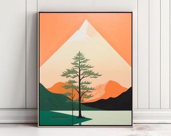 Printable Wall Art, "Alpine Dawn", Minimalist Art,  Landscape Art, Mid Century Art, Orange, Tree, Sun, Mountains, Illustration