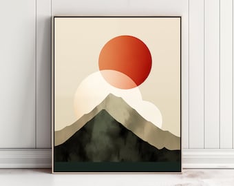 Printable Wall Art, "Overlapping Realms", Minimalist Art,  Landscape Art, Mid Century Art, Orange, Tree, Sun, Mountains, Illustration