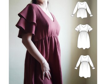 Puede incluir: Un vestido color granate con escote en V y cintura fruncida. El vestido tiene mangas cortas y con volantes y una falda fluida. Se muestran tres dibujos lineales de vestidos en el fondo.