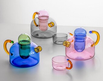 Théière en verre de couleur contrastante, Théière avec séparateur d'eau, Théière en verre sans plomb, Théière résistant à la cuisinière, Théière avec service à thé, Cadeau d'anniversaire