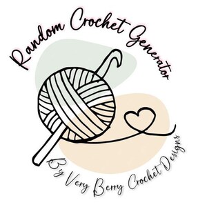Puede incluir: Un logotipo con una ilustración en blanco y negro de una madeja de hilo y un ganchillo. El texto "Random Crochet Generator" y "By Very Berry Crochet Designs" está escrito en un estilo manuscrito, con un detalle de hilo en forma de corazón.