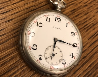 Reloj de bolsillo Cyma suizo vintage plateado