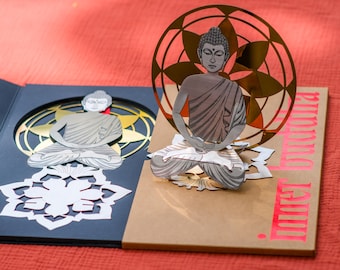 Zen Buddha Statue with Gold Mirror Mandala | Spiritual Home Decor | Yoga Meditation Gift | Flat Pack Buddha Art for Travel