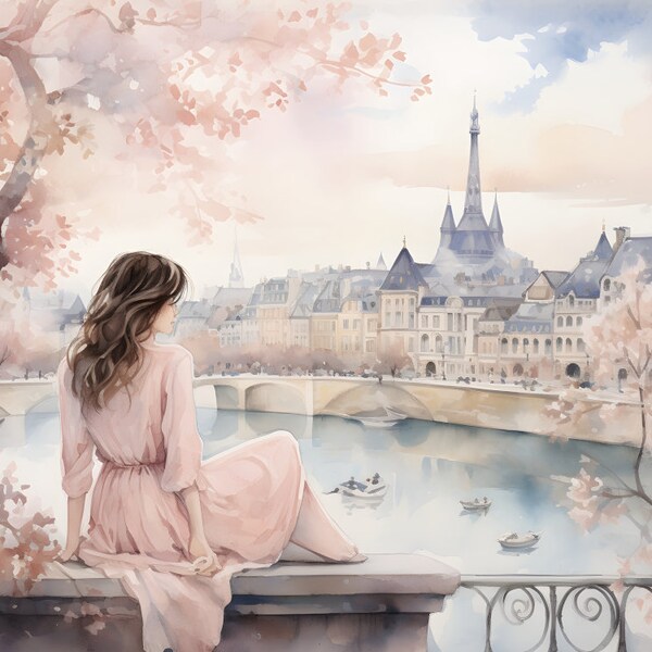 Cityscape Serenity: A Woman’s Contemplation | Digital Watercolour the delicate balance between nature and urban life, quiet contemplation.