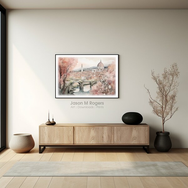 Printable Tranquil Cityscape in Watercolor exquisite artwork beautifully captures the harmonious blend of architectural details