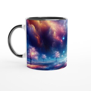 Könnte beinhalten: Eine weiße Keramiktasse mit schwarzem Rand zeigt ein farbenfrohes Bild einer fantastischen Landschaft mit leuchtenden Bäumen und einem Sternenhimmel. Die Tasse ist perfekt für den Genuss eines heißen Getränks.