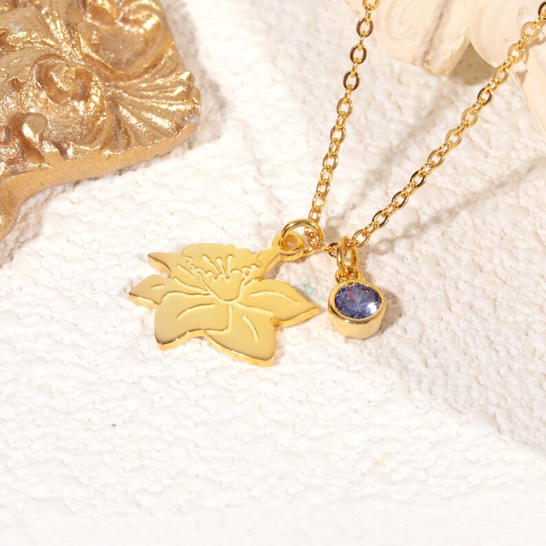 Birth Flower Necklace With Birthstone, Floral Charm Birthstone Necklace