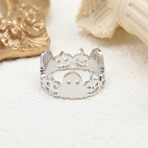 Two Ghosts Pumpkin Band Ring S925 Silver, Spooky Pumpkin Ghost Ring, Minimalist Cute Pumpkin Ring, Gothic Halloween Jewelry, Halloween Gifts