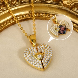 Diamanten Herz Locket Foto Halskette 925S Silber 18K Vergoldet, personalisierte Foto Halskette, Benutzerdefinierte Foto Herz Anhänger, Geschenk für Sie