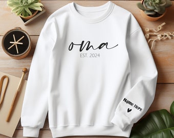 Oma Est. 2024 Sweatshirt - Personalized Crew Neck for New Grandmas, Oma Sweatshirt with Kid Name on Sleeve, Personalized Gift for Oma