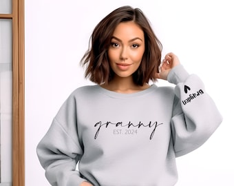 Granny Est. 2024 Sweatshirt-Personalized Crew Neck for New Grandma, Granny Sweatshirt with Kid Name on Sleeve, Personalized Gift for Granny