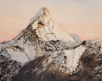 Monte Everest, Himalaya, Nepal, pittura ad acquerello originale