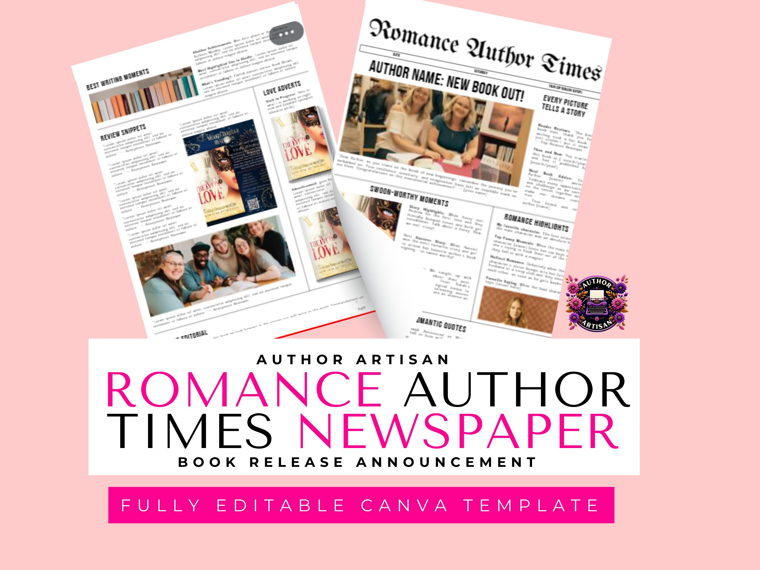 Romance Times Newspaper. Fully Editable Romantic Author Newspaper Canva Template to Celebrate Book Releases