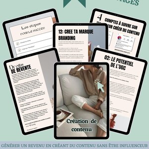 Könnte beinhalten: Mehrere digitale Tablets, die Inhalte zum Thema User-Generated Content (UGC) anzeigen. Die Tablets zeigen Text und Bilder, darunter "58 PAGES", "CREE TA MARQUE BRANDING" und "Création de contenu". Das Bild enthält auch den Text "USER GENERATED CONTENT".