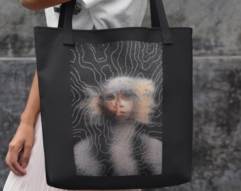 Y2K Distorted Face Tote - Dark Silence Psychedelic Graphic Bag
