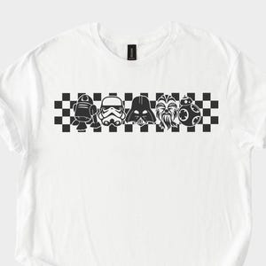 Star Wars Checkerboard Character Face Tee - Minimalist Monochrome Sci-Fi Fan Shirt, Darth Vader Stormtrooper Art