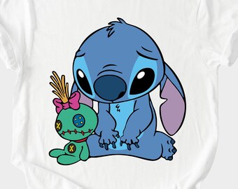 Sad Stitch with Scrump plush shirt hoodie sweatshirt - emotional Disney tee with lovable blue alien and voodoo doll