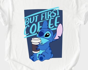 Cute Stitch Coffee T Shirt - But First Coffee Blue Alien Graphic Tee for Caffeine Lovers, Relaxed Fit Trendy Gift
