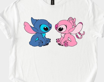 Stitch and Angel Tee - Cute Alien Couple Facing Each Other, Unisex Hoodie, Sweatshirt, Love Disney Cartoon Gift