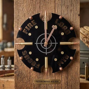 Puede incluir: Un reloj negro y circular con las palabras "FIRE", "LOAD", "AIM" y "FOCUS" recortadas en la esfera. Las manecillas del reloj y los marcadores con forma de bala son de color cobre. El reloj está montado sobre una superficie de madera. El texto "PRECISION TIMEPIECE - MTD. 2024" está en la parte inferior.