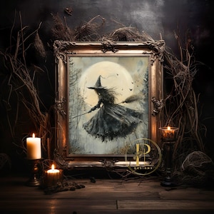 Halloween Digital Print | Witch on Broom | Witch Hat | Halloween Moon| Instant Download|