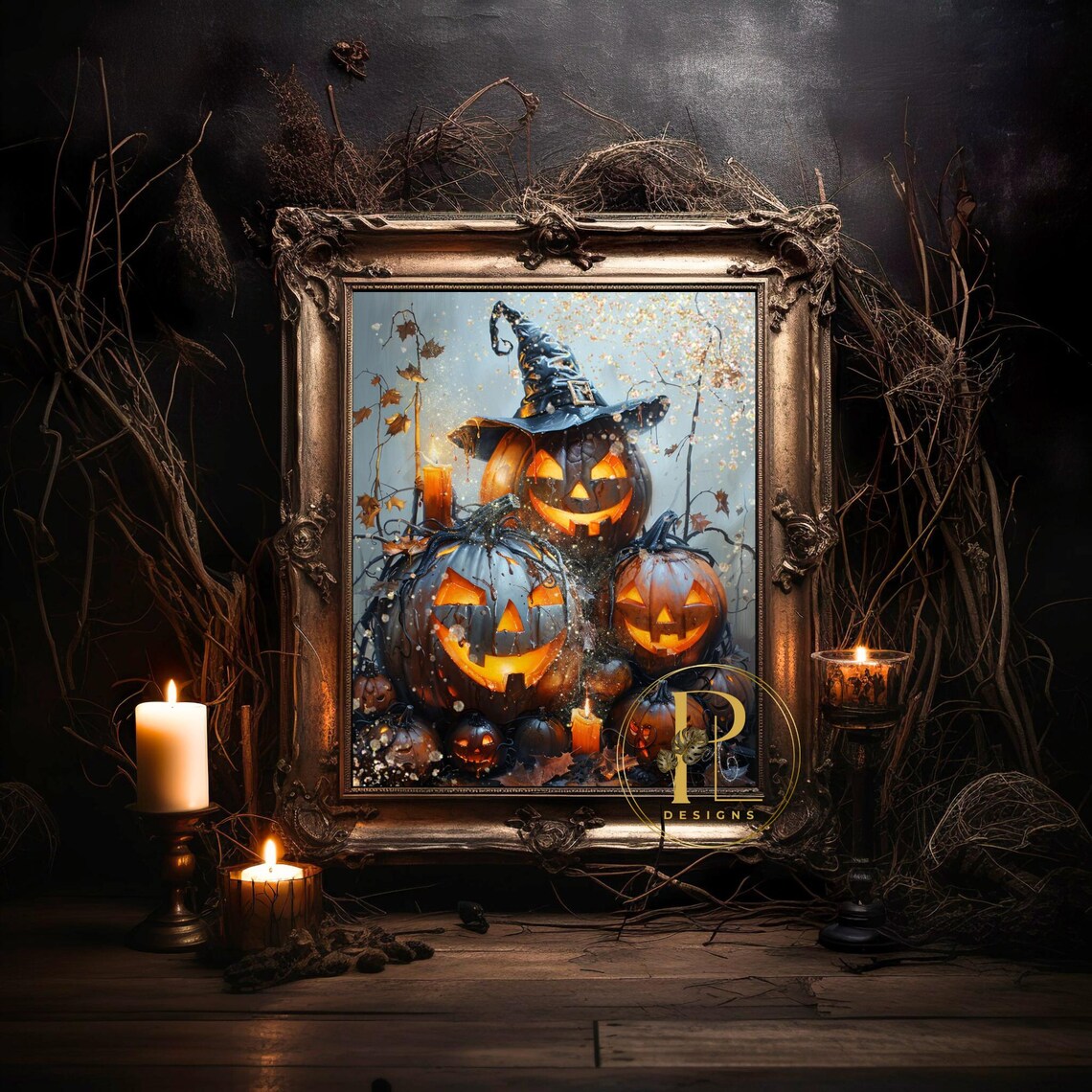 Halloween Digital Print | Carved Pumpkins | Witch Hat | Halloween ...