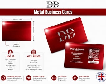 May include: Two rectangular red metal business cards with a metallic finish. One card displays the logo Digital Dawes, the other shows contact details, a QR code, and the text Scan Me. Dimensions are 3.38 inches by 2.13 inches with 0.21mm thickness.