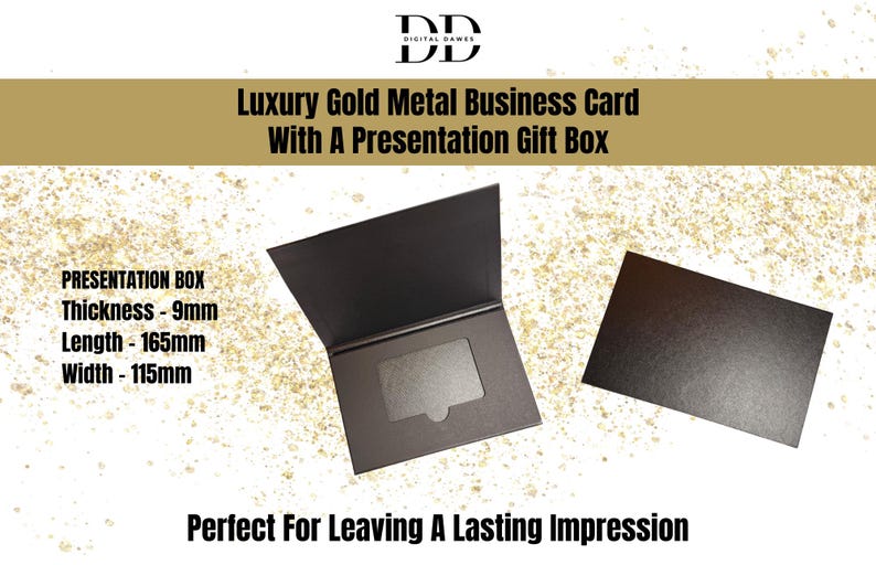 Premium visitkort i guldfärgad metall - 0,8 mm med svart presentask bild 2